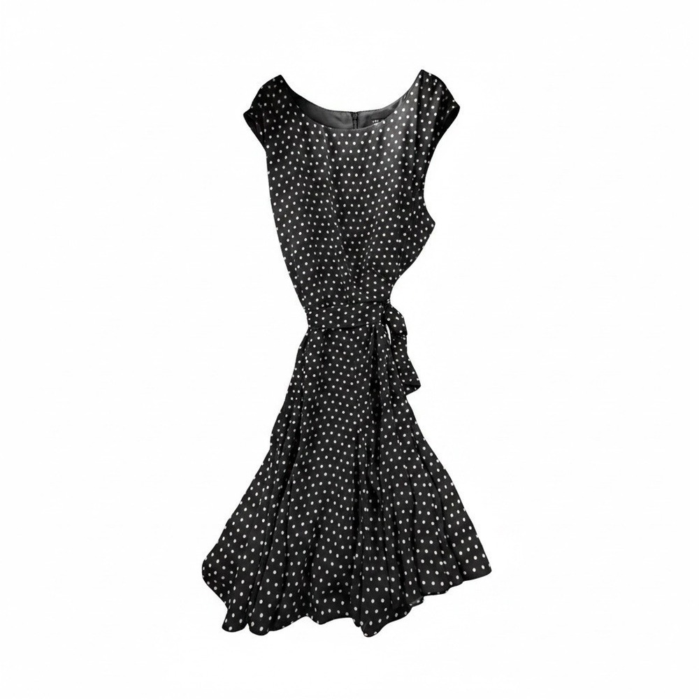 Tahari Arthur S. Levine Polka Dot Dress Women's 24W Black White Tie Waist Midi